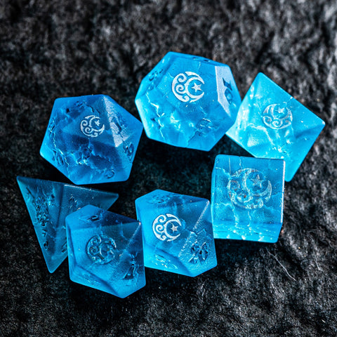 URWizards D&D Blast Pale Blue Glass Raised Dice Set Moon Star Style - Urwizards