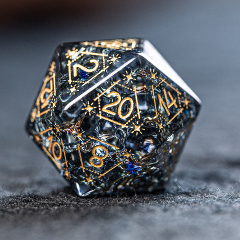 URWizards D&D Black Blast Glass Engraved Dice Set Astrology Style Gold Inked - Urwizards