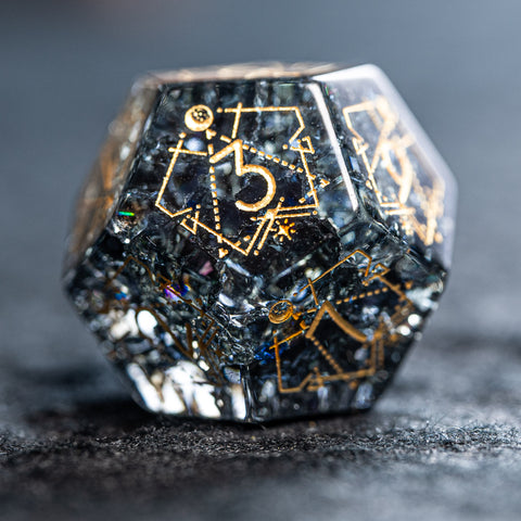 URWizards D&D Black Blast Glass Engraved Dice Set Astrology Style Gold Inked - Urwizards