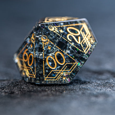 URWizards D&D Black Blast Glass Engraved Dice Set Astrology Style Gold Inked - Urwizards