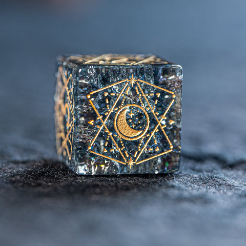 URWizards D&D Black Blast Glass Engraved Dice Set Astrology Style Gold Inked - Urwizards