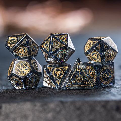 URWizards Dnd Engraved Blast Black Glass Dice Set Nordic Style Gold - Urwizards