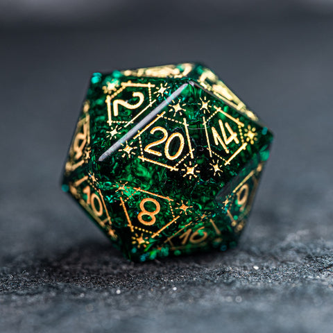 URWizards D&D Blast Emerald Glass Engraved Dice Set Astrology Style - Urwizards