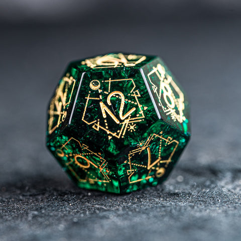 URWizards D&D Blast Emerald Glass Engraved Dice Set Astrology Style - Urwizards