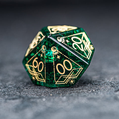 URWizards D&D Blast Emerald Glass Engraved Dice Set Astrology Style - Urwizards
