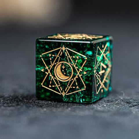 URWizards D&D Blast Emerald Glass Engraved Dice Set Astrology Style - Urwizards