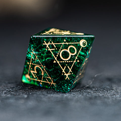 URWizards D&D Blast Emerald Glass Engraved Dice Set Astrology Style - Urwizards