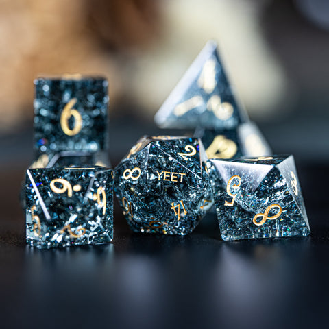 URWizards D&D Blast Dark Glass Engraved Dice Set YEET & F*CK Gold - Urwizards