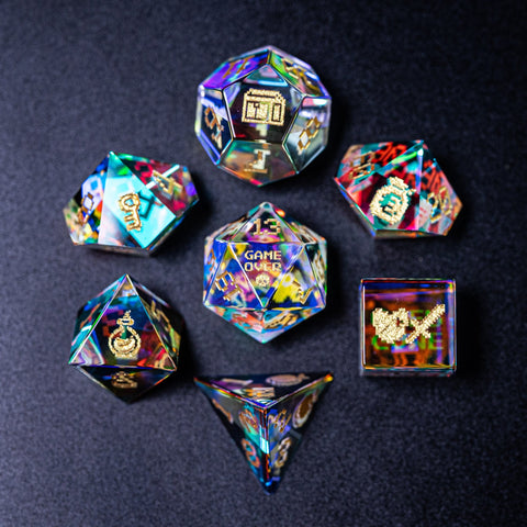 URWizards D&D Dichroic Prism Glass Engraved Dice Set Pixel Art RPG - Urwizards