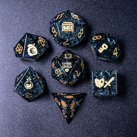 URWizards D&D Blast Dark Glass Engraved Dice Set Pixel Art RPG - Urwizards