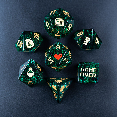 URWizards D&D Blast Emerald Glass Engraved Dice Set Pixel Art RPG - Urwizards
