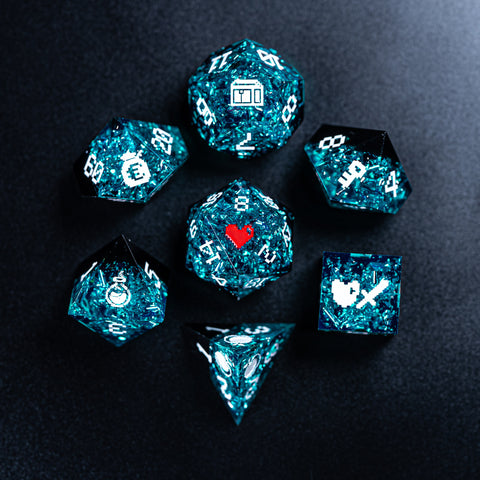 URWizards D&D Ice Glitter Resin Engraved Dice Set Pixel Art RPG - Urwizards