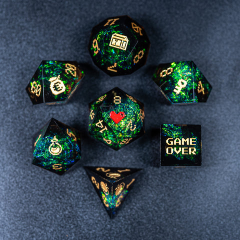 URWizards D&D Dark Glitter Resin Engraved Dice Set Pixel Art RPG - Urwizards