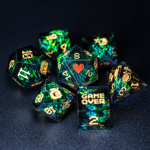 URWizards D&D Dark Glitter Resin Engraved Dice Set Pixel Art RPG - Urwizards