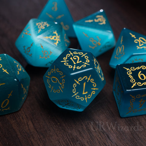 URWizards Dnd Aquamarin Cat's Eye Gemstone Engraved Dice Set Dagger Rogue Style - Urwizards