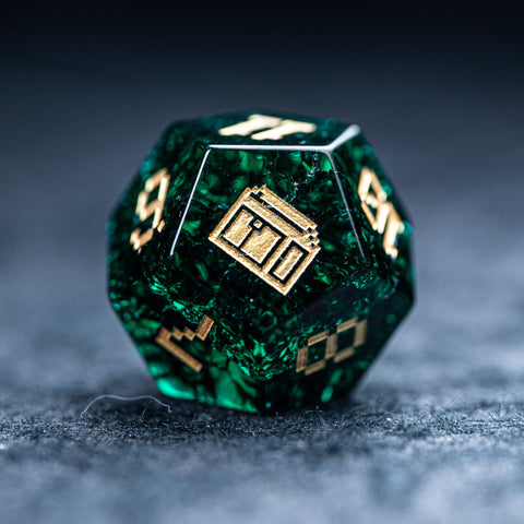 URWizards D&D Blast Emerald Glass Engraved Dice Set Pixel Art RPG - Urwizards