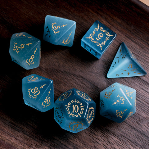 URWizards Dnd Aquamarin Cat's Eye Gemstone Engraved Dice Set Dagger Rogue Style - Urwizards