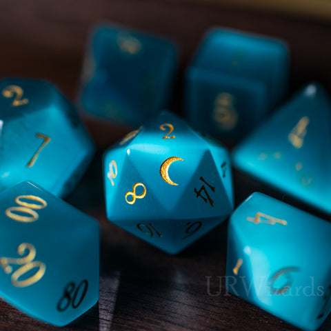 URWizards Dnd Aquamarine Cat's Eye Engraved Dice Set Moon Style - Urwizards