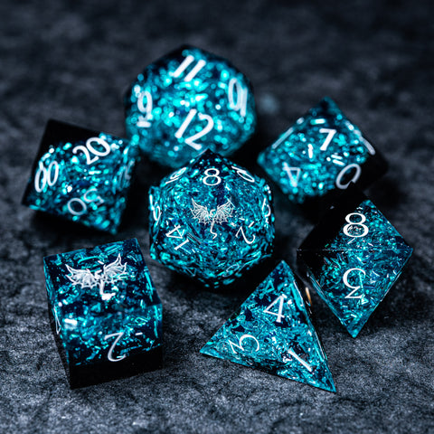 URWizards D&D Ice Glitter Resin Engraved Dice Set Dragon Style - Urwizards