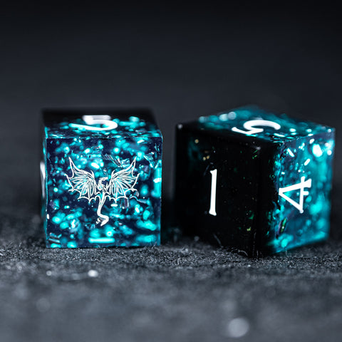 URWizards D&D Ice Glitter Resin Engraved Dice Set Dragon Style - Urwizards