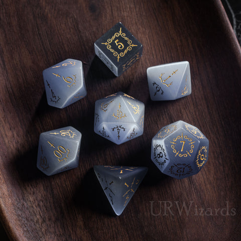 URWizards Dnd Grey Cat's Eye Gemstone Engraved Dice Set Dagger Rogue Style - Urwizards