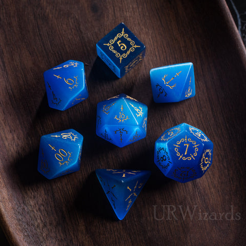 URWizards Dnd Blue Cat's Eye Gemstone Engraved Dice Set Dagger Rogue Style - Urwizards