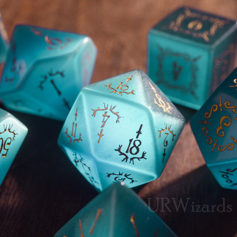 URWizards Dnd Aquamarin Cat's Eye Gemstone Engraved Dice Set Dagger Rogue Style - Urwizards