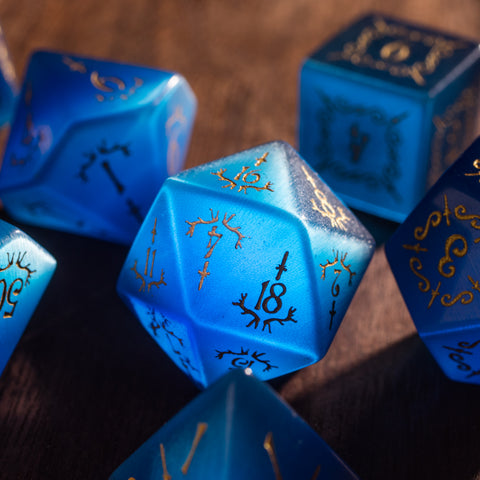 URWizards Dnd Blue Cat's Eye Gemstone Engraved Dice Set Dagger Rogue Style - Urwizards