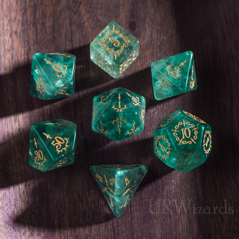 URWizards Dnd Green Fluorite Gemstone Engraved Dice Set Dagger Rogue Style - Urwizards