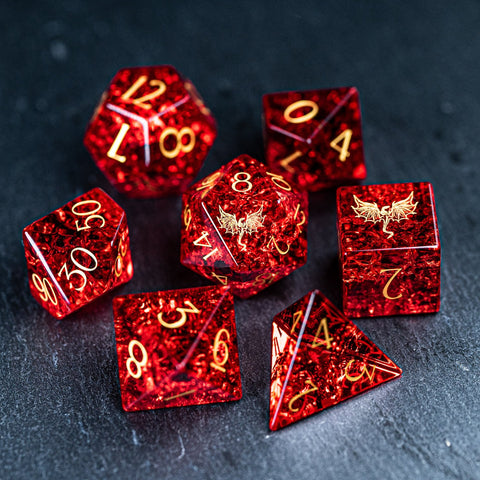 URWizards D&D Blast Red Glass Engraved Dice Set Dragon Style - Urwizards