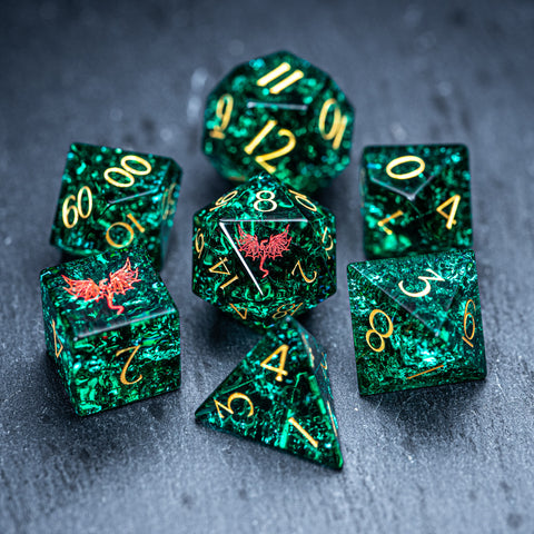 URWizards D&D Blast Emerald Glass Engraved Dice Set Dragon Style - Urwizards