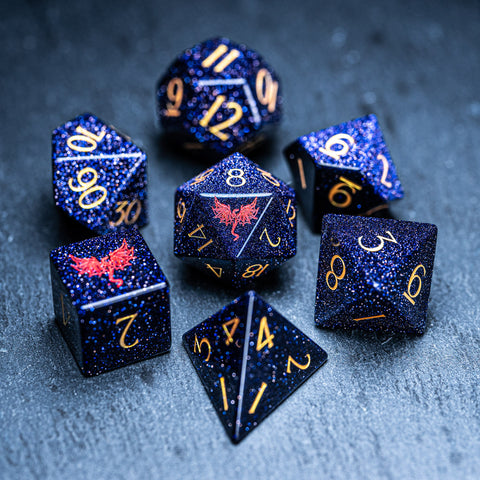 URWizards D&D Blue Sandstone Engraved Dice Set Dragon Style - Urwizards