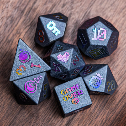 URWizards Hematite Raised Plating Number Dice Set Pixel Art RPG - Urwizards