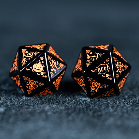 URWizards D&D Obsidian Engraved Dice Set Halloween Style Orange Ink - Urwizards