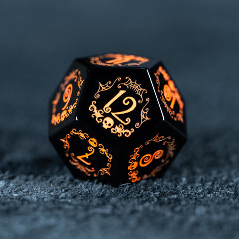URWizards D&D Obsidian Engraved Dice Set Halloween Style Orange Ink - Urwizards
