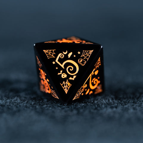URWizards D&D Obsidian Engraved Dice Set Halloween Style Orange Ink - Urwizards