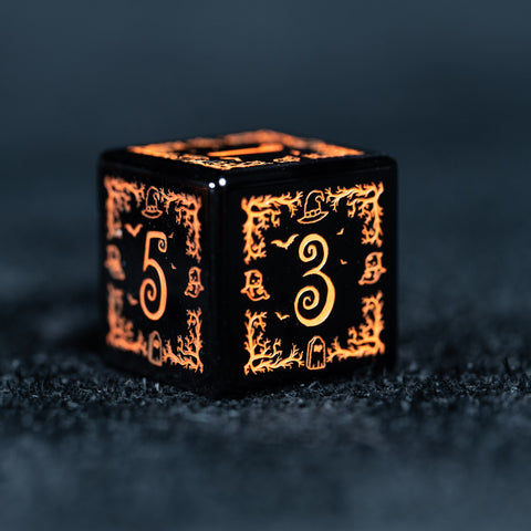 URWizards D&D Obsidian Engraved Dice Set Halloween Style Orange Ink - Urwizards