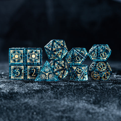URWizards D&D Blast Blue Glass Engraved Dice Set Lunar Eclipse - Urwizards