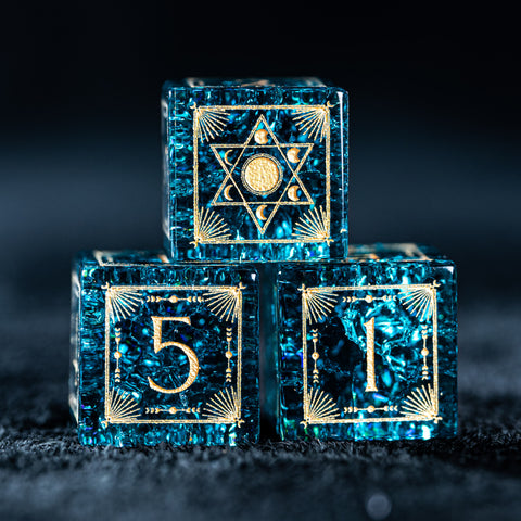 URWizards D&D Blast Blue Glass Engraved Dice Set Lunar Eclipse - Urwizards