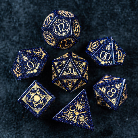 URWizards D&D Blue Sandstone Engraved Dice Set Lunar Eclipse - Urwizards