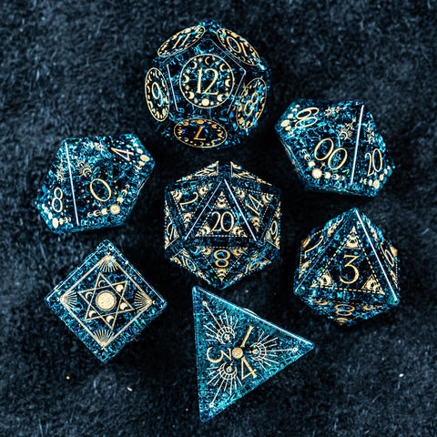 URWizards D&D Blast Blue Glass Engraved Dice Set Lunar Eclipse - Urwizards