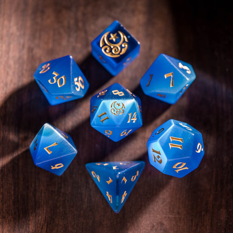 URWizards Dnd Blue Cat's Eye Engraved Dice Set Moon Star Style - Urwizards