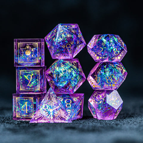 URWizards D&D Resin Purple Glitter Engraved Dice Set Lunar Eclipse - Urwizards
