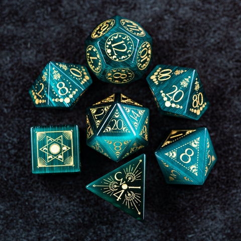 URWizards D&D Teal Green Cat's Eye Engraved Dice Set Lunar Eclipse - Urwizards