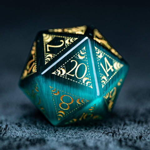 URWizards D&D Teal Green Cat's Eye Engraved Dice Set Lunar Eclipse - Urwizards
