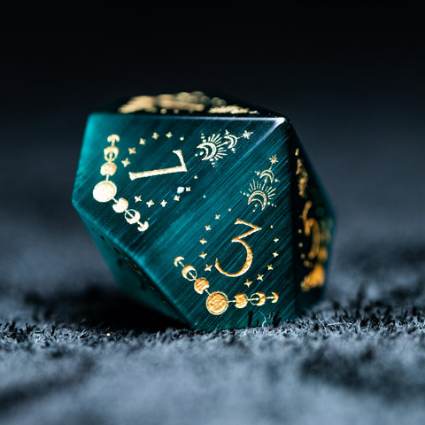 URWizards D&D Teal Green Cat's Eye Engraved Dice Set Lunar Eclipse - Urwizards