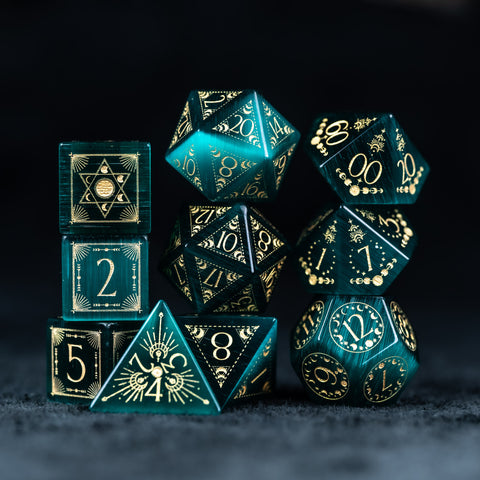 URWizards D&D Teal Green Cat's Eye Engraved Dice Set Lunar Eclipse - Urwizards