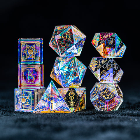 URWizards D&D Dichroic Glass Engraved Dice Set Lunar Eclipse Gold Inked - Urwizards