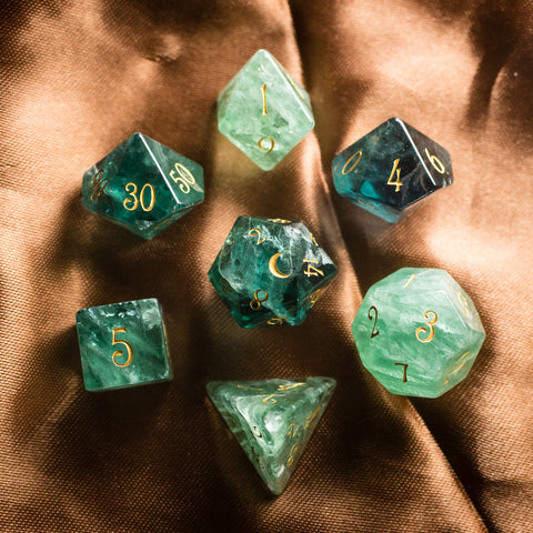URWizards Dnd Green Fluorite Gemstone Engraved Dice Set Moon Style - Urwizards