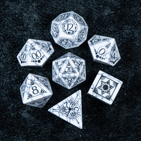 URWizards D&D White Howlite Engraved Dice Set Lunar Eclipse - Urwizards
